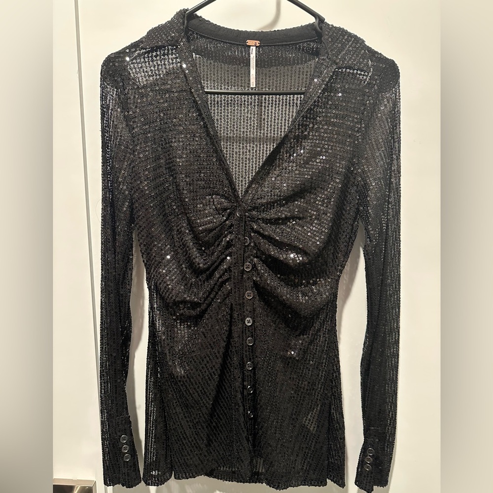 NWOT Free People Black Sheer Sequin Button Down Ruched Long Sleeve Top Blouse